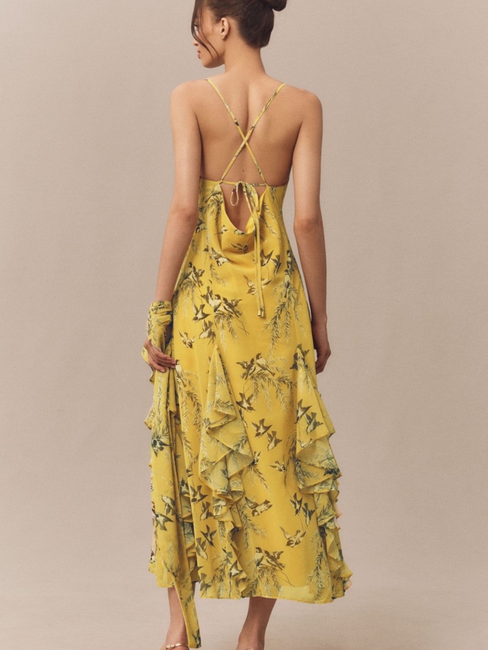 NWOT BHLDN Anthropologie Bird Print Chiffon Cowl Neck Ruffle MIDI Dress - Picture 2 of 7